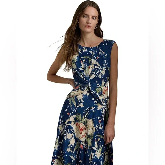 Lauren Ralph Lauren Women's Floral Twist Front Stretch Jersey Dress, Blue, 12